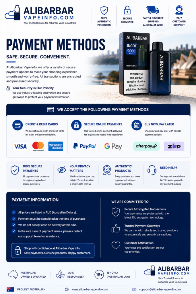 payment methods, secure transactions, refunds, and Australian vaping payment rules. Understand how lawful therapeutic vape purchases are handled in Australia.
