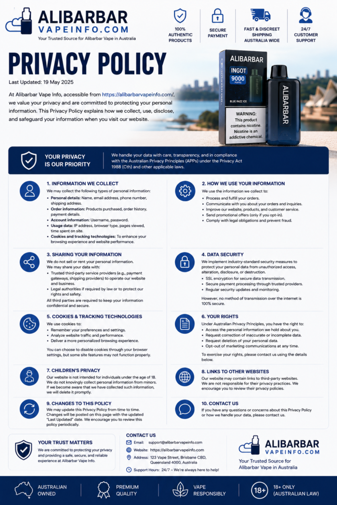 Read the Alibarbar Vape Info Privacy Policy for information about data collection, cookies, personal information, security and Australian privacy practices.