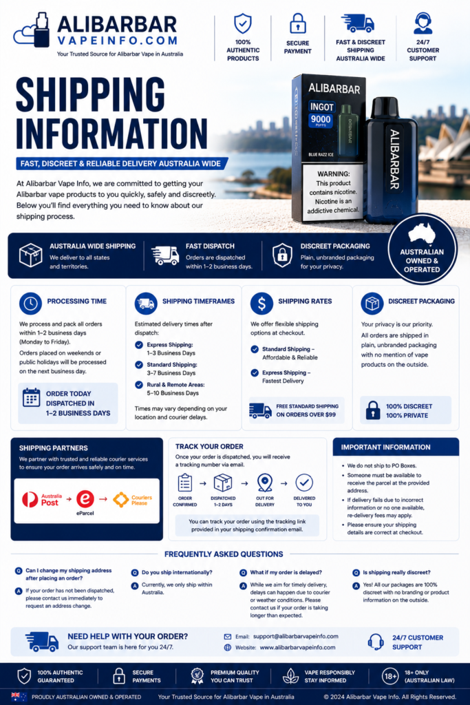 Learn about Alibarbar Vape Australia shipping, delivery policies, order processing, tracking, returns and Australian vape regulations before placing an order.