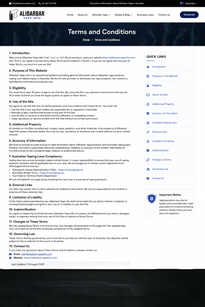 Read the Alibarbar Vape Info Australia Terms & Conditions covering educational content, Australian vape laws, product information, age restrictions, safety and website use.